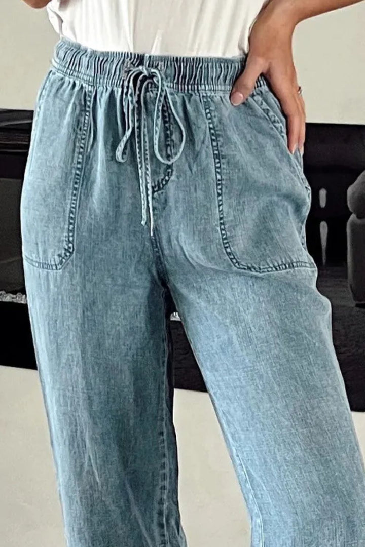 High-Rise Adjustable Waist Jeans with Pockets for Women