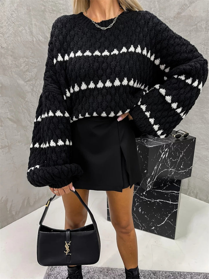 Contrast Round Neck Long Sleeve Sweater for Casual Style