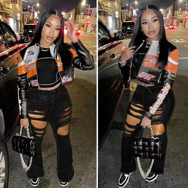 Chic Red Distressed High-Waist Flared Denim Trousers