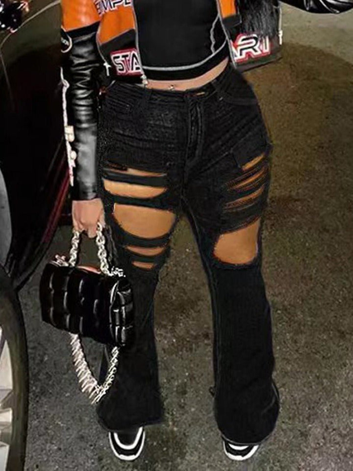 Chic Red Distressed High-Waist Flared Denim Trousers