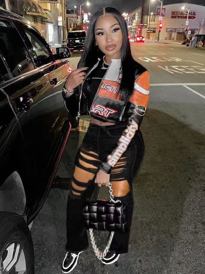 Chic Red Distressed High-Waist Flared Denim Trousers