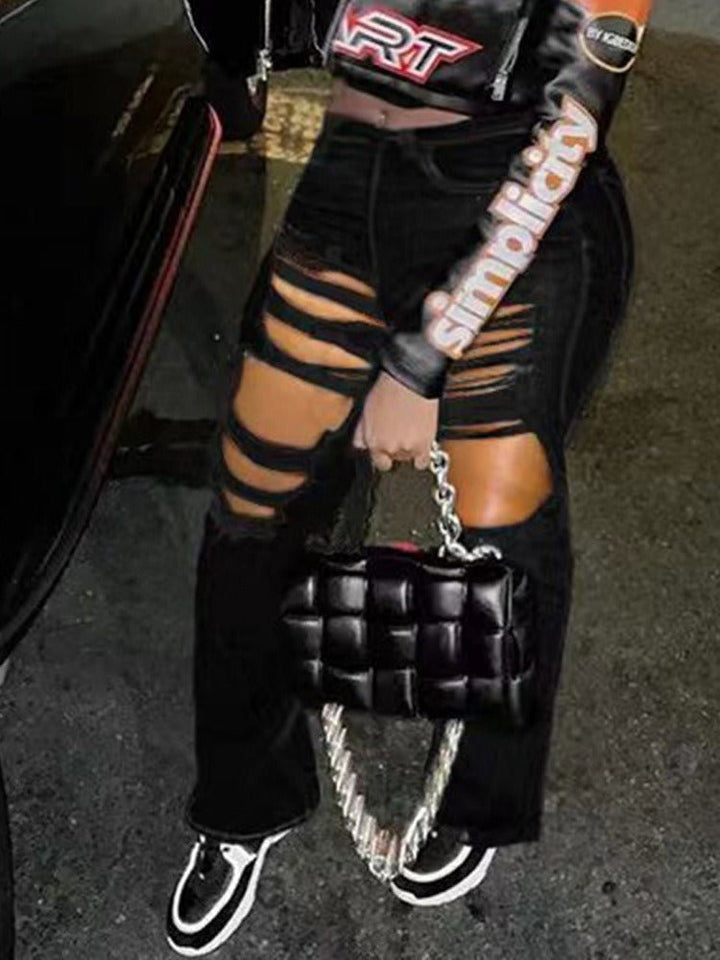 Chic Red Distressed High-Waist Flared Denim Trousers