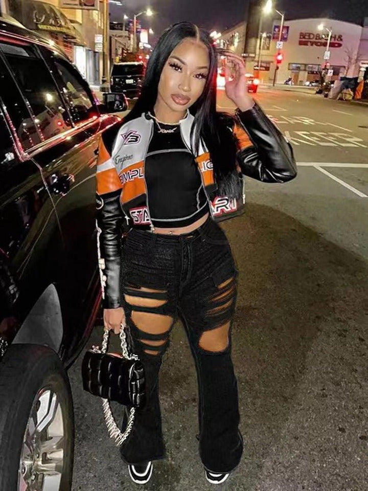 Chic Red Distressed High-Waist Flared Denim Trousers