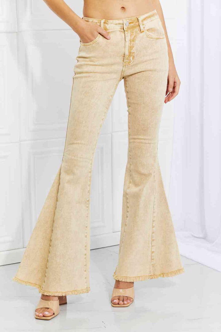 Sunny Yellow Distressed Bell Bottom Jeans by Color Theory