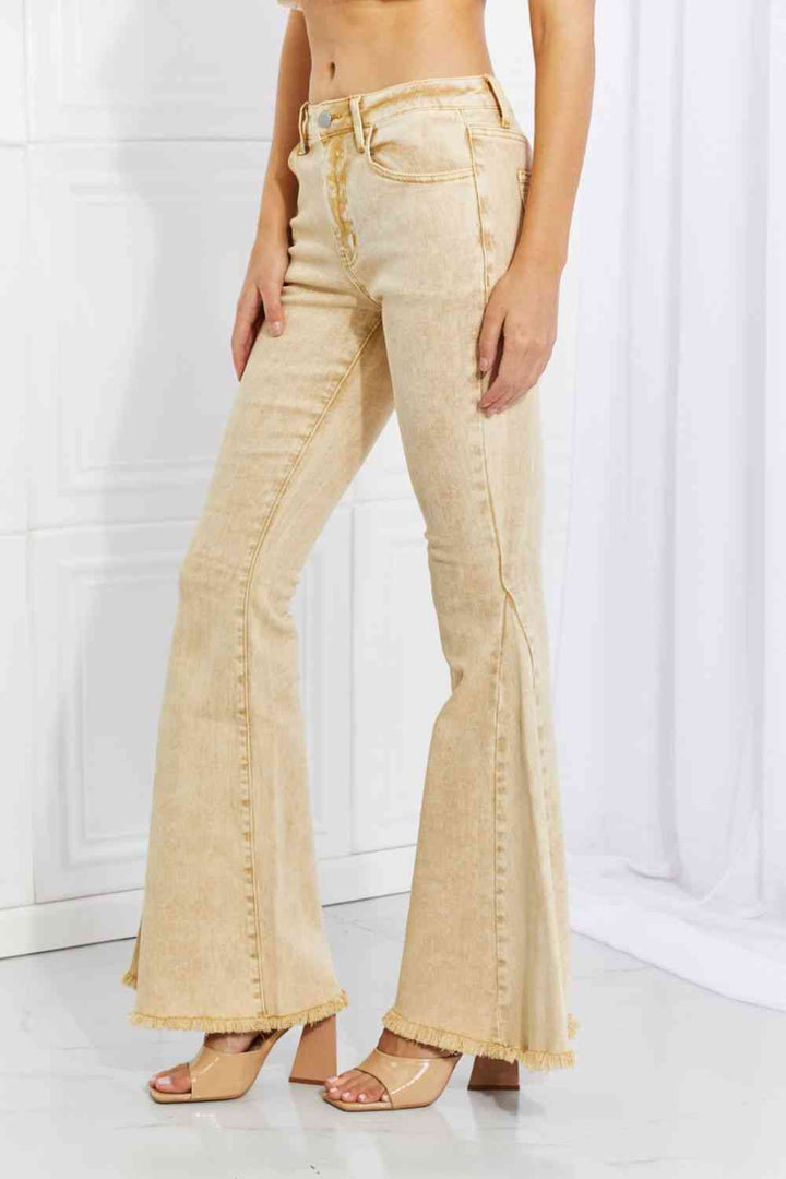 Sunny Yellow Distressed Bell Bottom Jeans by Color Theory