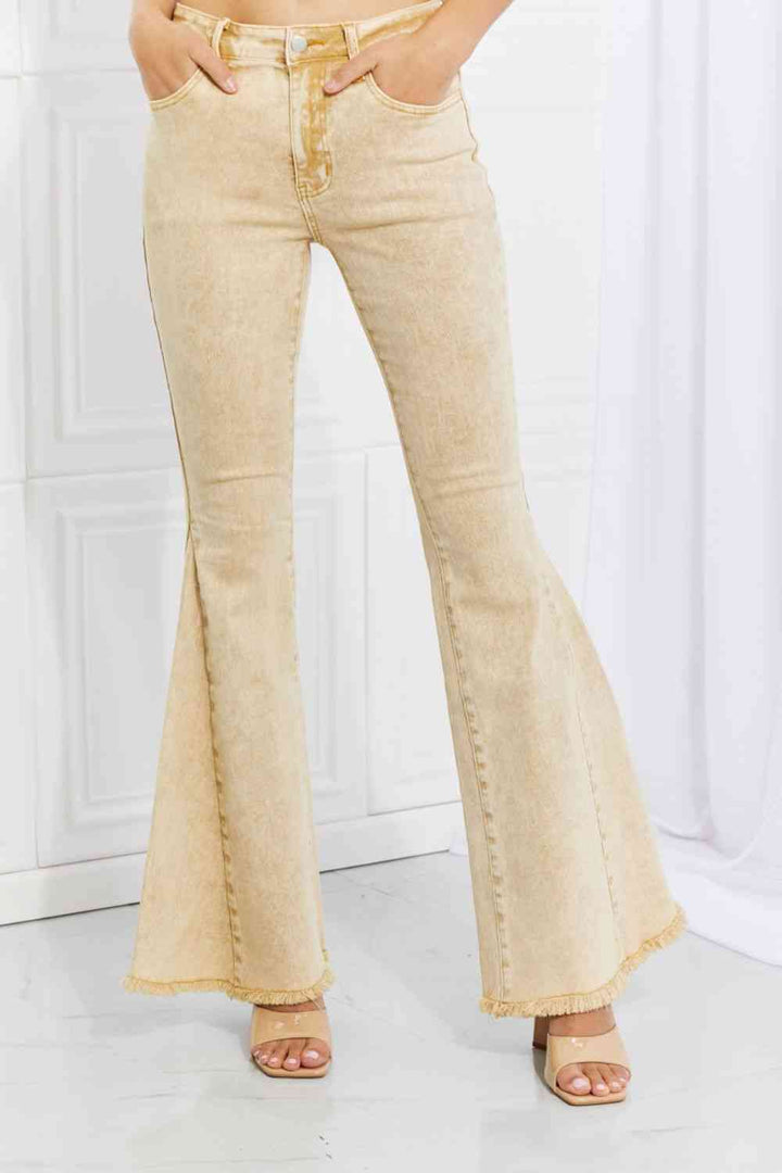 Sunny Yellow Distressed Bell Bottom Jeans by Color Theory