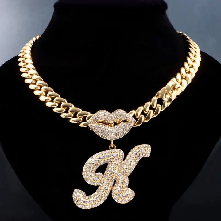 Complete Set: 13MM Curb Cuban Chain Bling Mouth Letter Pendant Necklace with Matching Anklet – Perfect for Women's Stylish Coordination