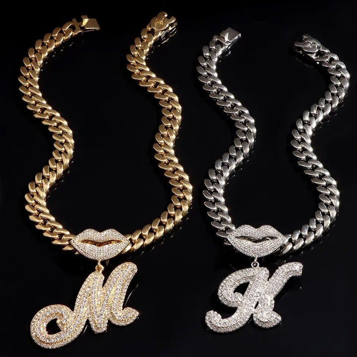 Complete Set: 13MM Curb Cuban Chain Bling Mouth Letter Pendant Necklace with Matching Anklet – Perfect for Women's Stylish Coordination