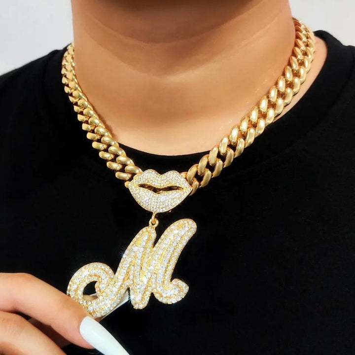 Complete Set: 13MM Curb Cuban Chain Bling Mouth Letter Pendant Necklace with Matching Anklet – Perfect for Women's Stylish Coordination