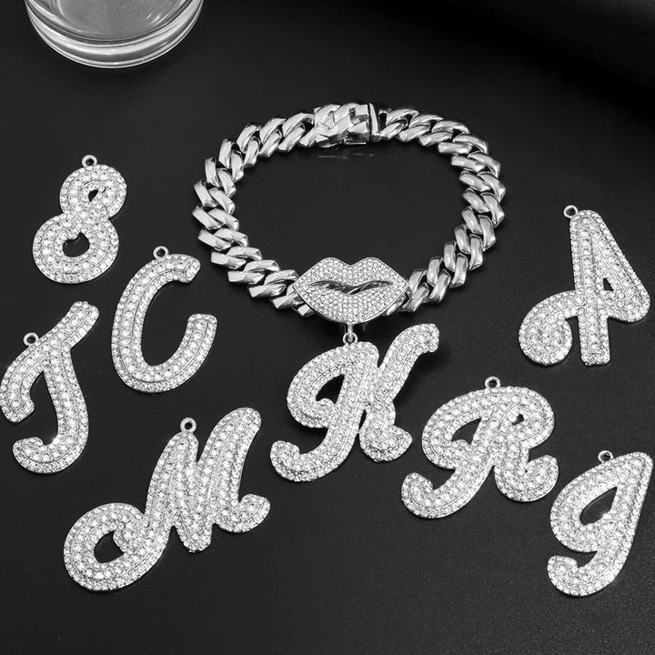 Complete Set: 13MM Curb Cuban Chain Bling Mouth Letter Pendant Necklace with Matching Anklet – Perfect for Women's Stylish Coordination