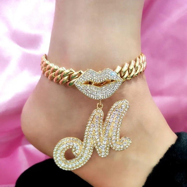 Complete Set: 13MM Curb Cuban Chain Bling Mouth Letter Pendant Necklace with Matching Anklet – Perfect for Women's Stylish Coordination