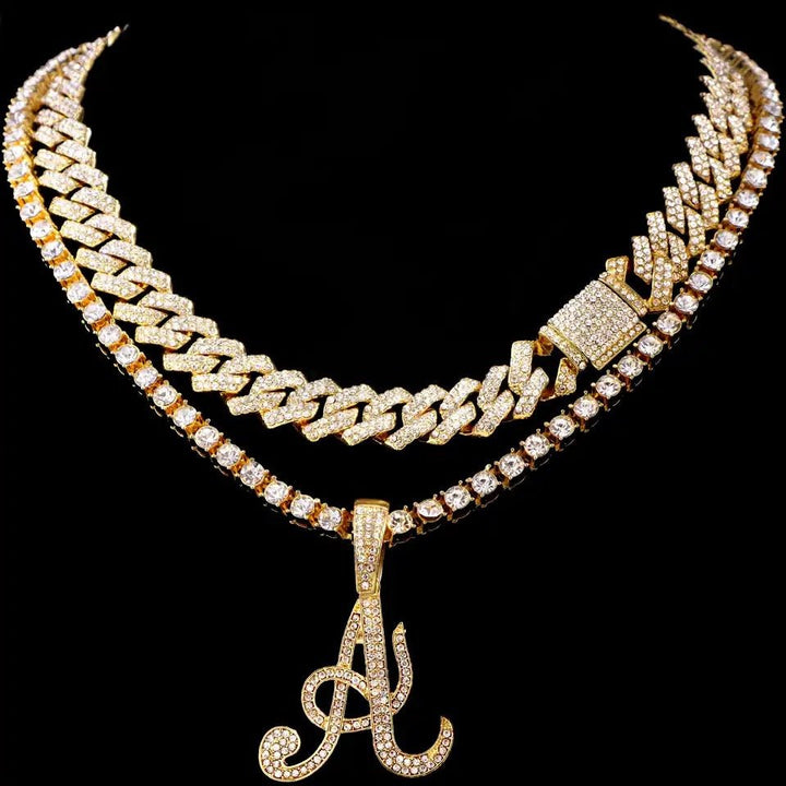 Crystal Initials Iced Out Tennis Chain Necklace - Set
