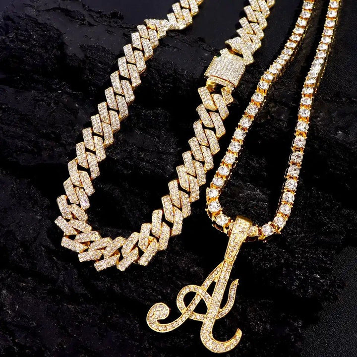 Crystal Initials Iced Out Tennis Chain Necklace - Set