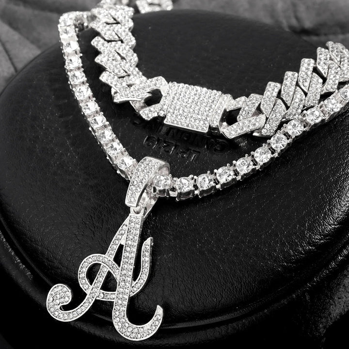 Crystal Initials Iced Out Tennis Chain Necklace - Set