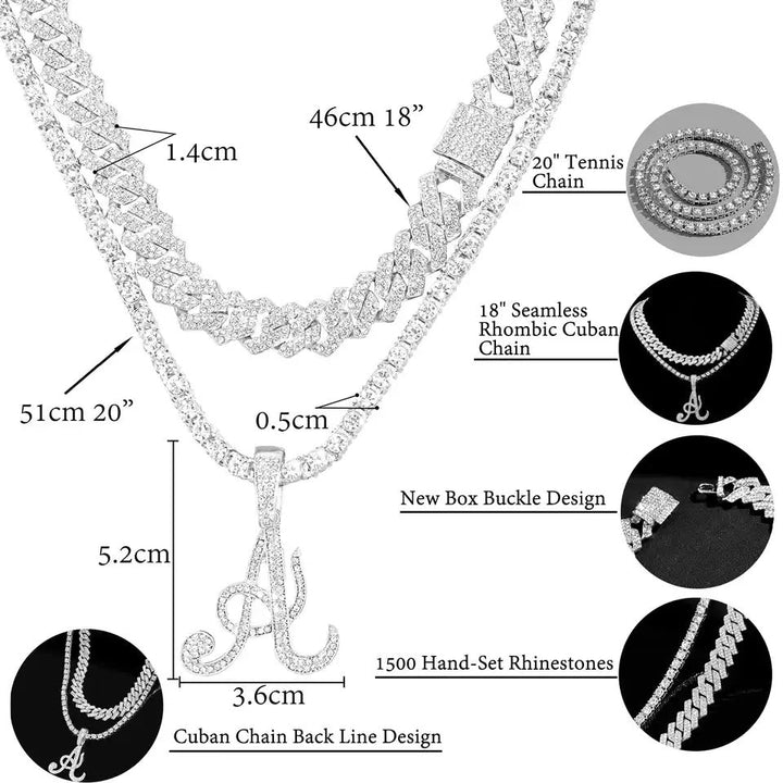Crystal Initials Iced Out Tennis Chain Necklace - Set