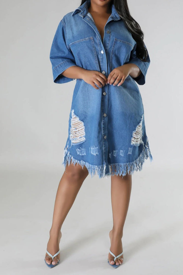 Chic Raw Hem Distressed Denim Dress with Versatile Button-Up