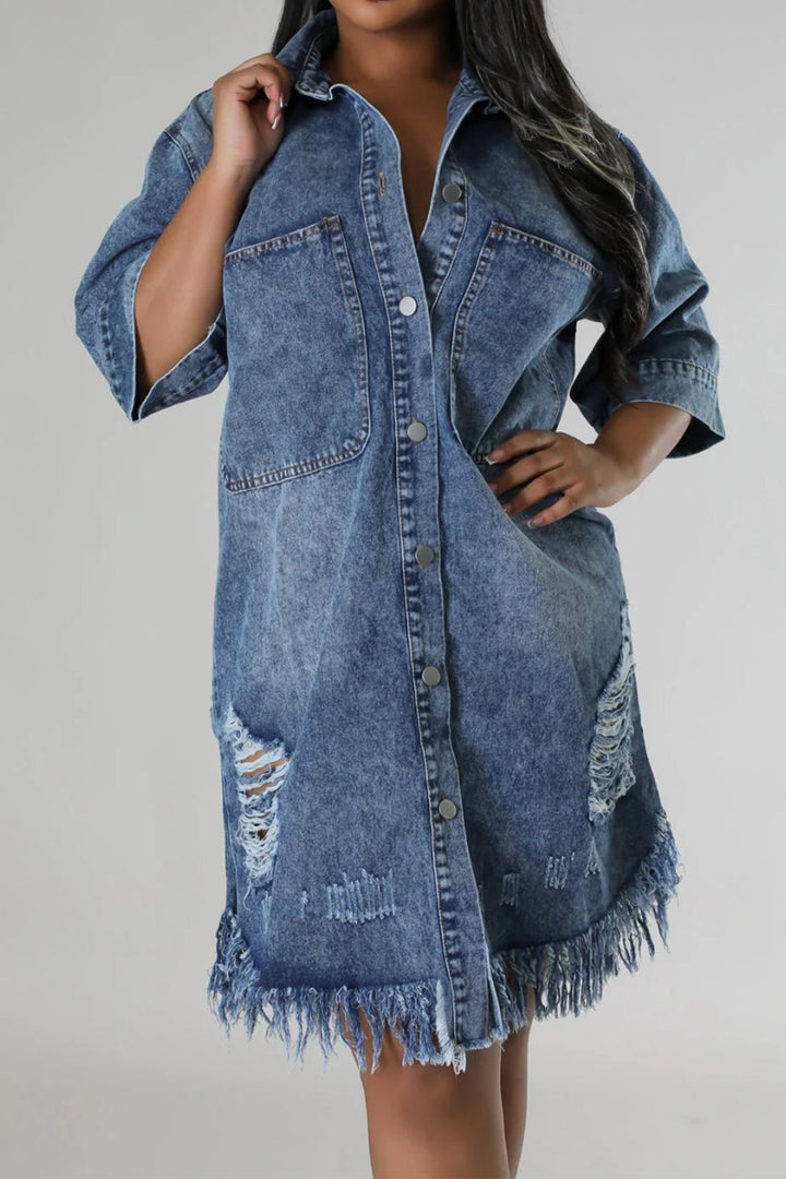 Chic Raw Hem Distressed Denim Dress with Versatile Button-Up