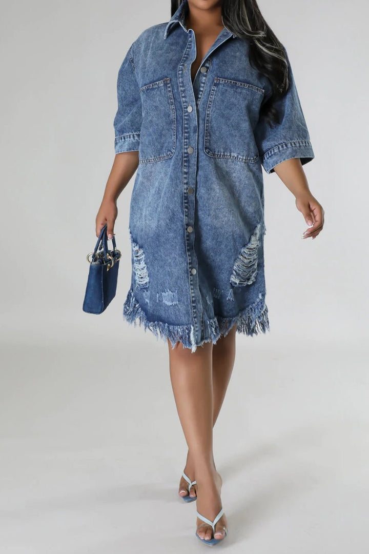 Chic Raw Hem Distressed Denim Dress with Versatile Button-Up