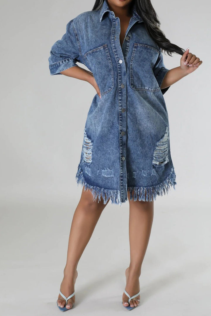 Chic Raw Hem Distressed Denim Dress with Versatile Button-Up