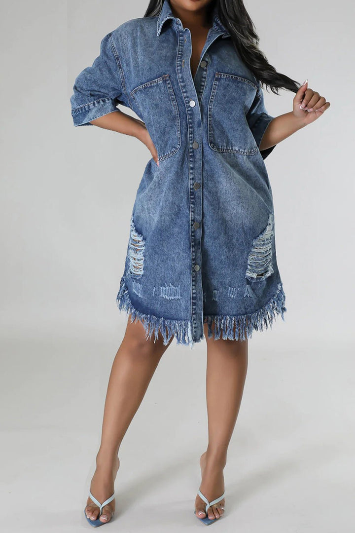 Chic Raw Hem Distressed Denim Dress with Versatile Button-Up