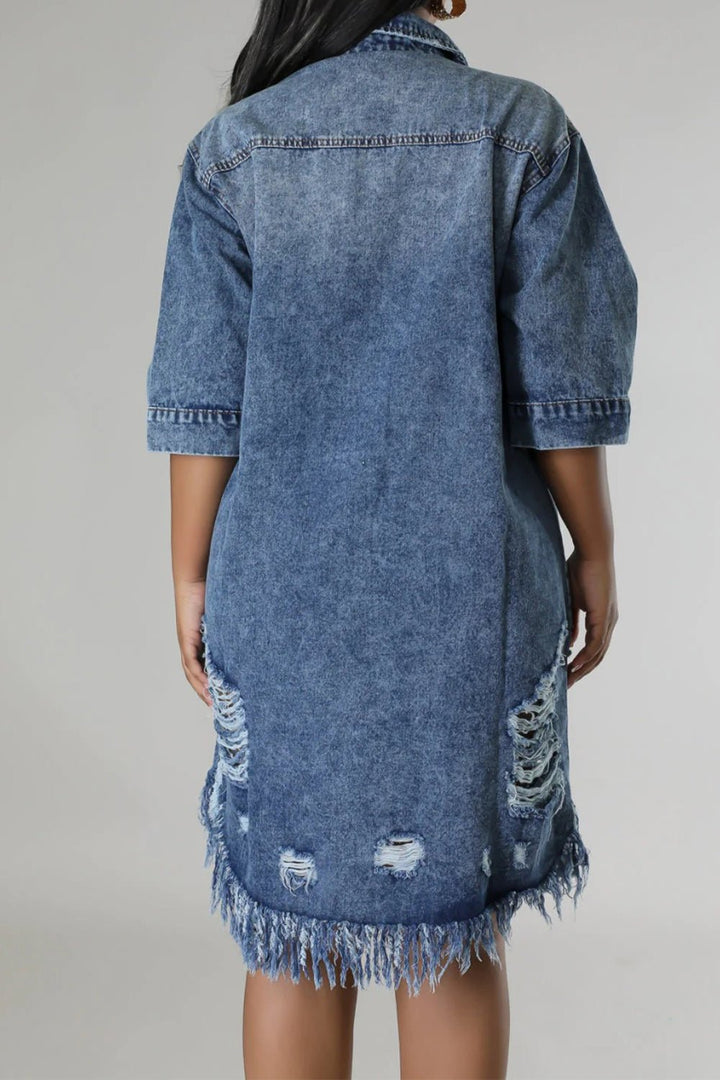 Chic Raw Hem Distressed Denim Dress with Versatile Button-Up