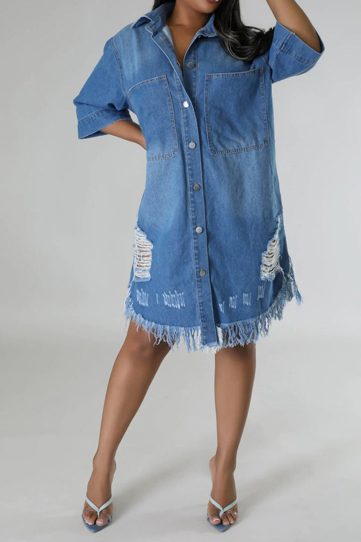 Chic Raw Hem Distressed Denim Dress with Versatile Button-Up