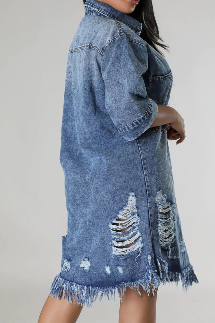 Chic Raw Hem Distressed Denim Dress with Versatile Button-Up