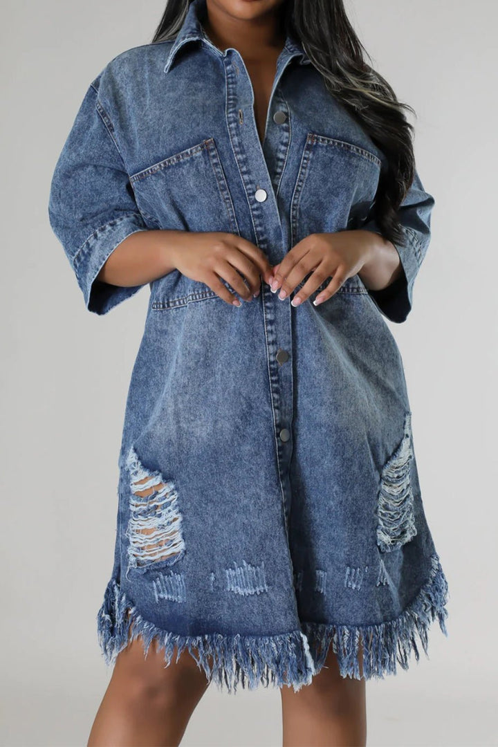 Chic Raw Hem Distressed Denim Dress with Versatile Button-Up