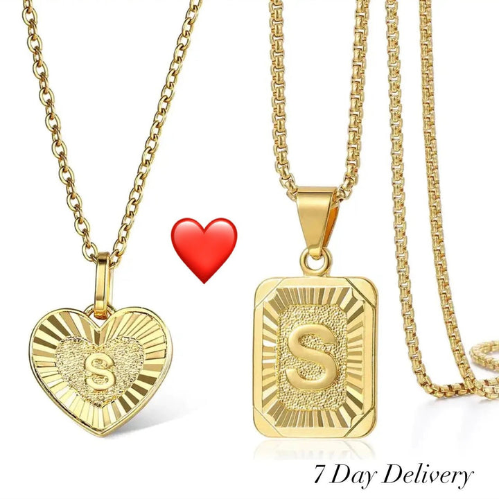 Dual Charm Initial & Heart Necklace Set - Gold-Toned Stainless Steel