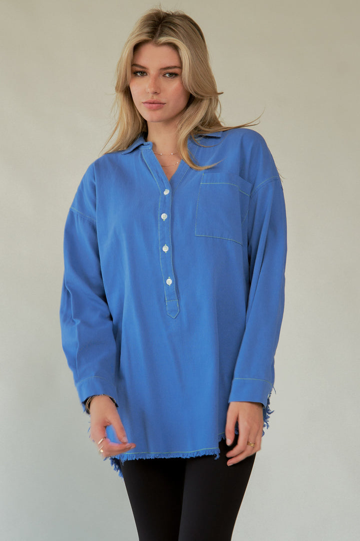 Davi & Dani Letter Back Raw Hem Half Button Shirt Style
