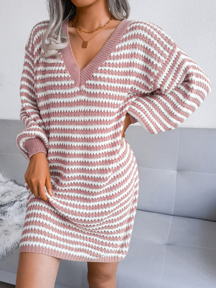 Striped V-Neck Long Sleeve Mini Sweater Dress for Women