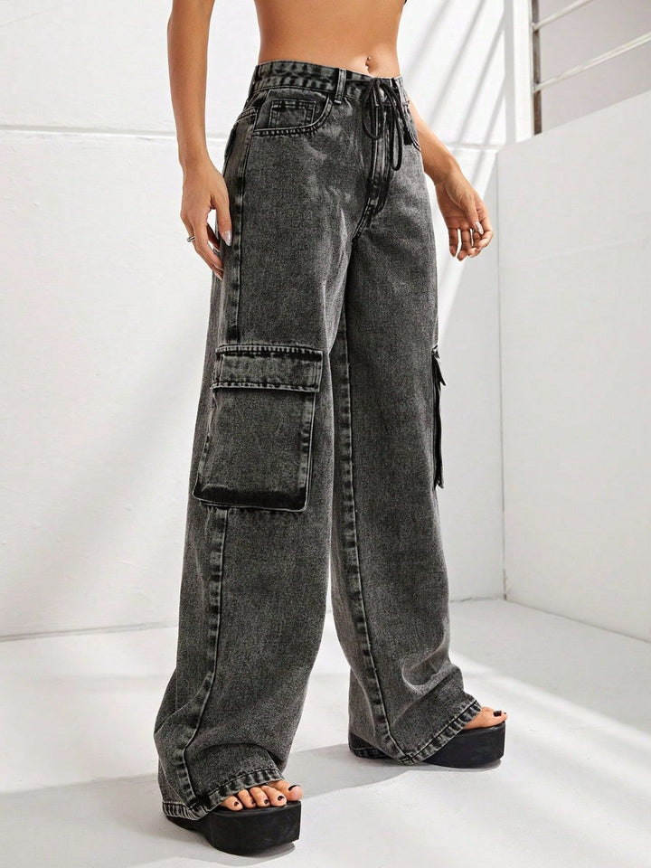 Chic Wide Leg Denim Trousers with Convenient Pockets For You