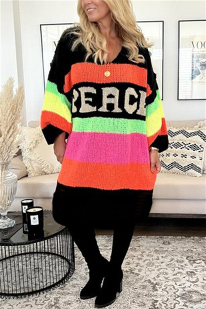 Color Block V-Neck Long Sleeve Sweater Dress for Women