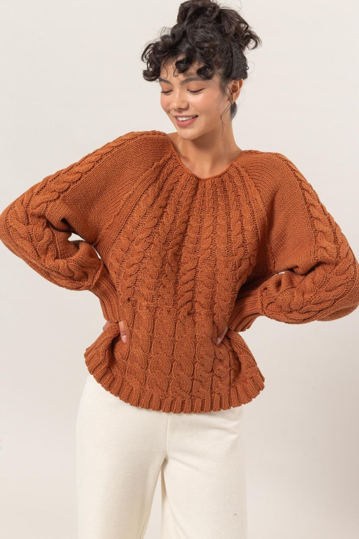 HYFVE Cable-Knit Round Neck Raglan Sleeve Sweater for Women