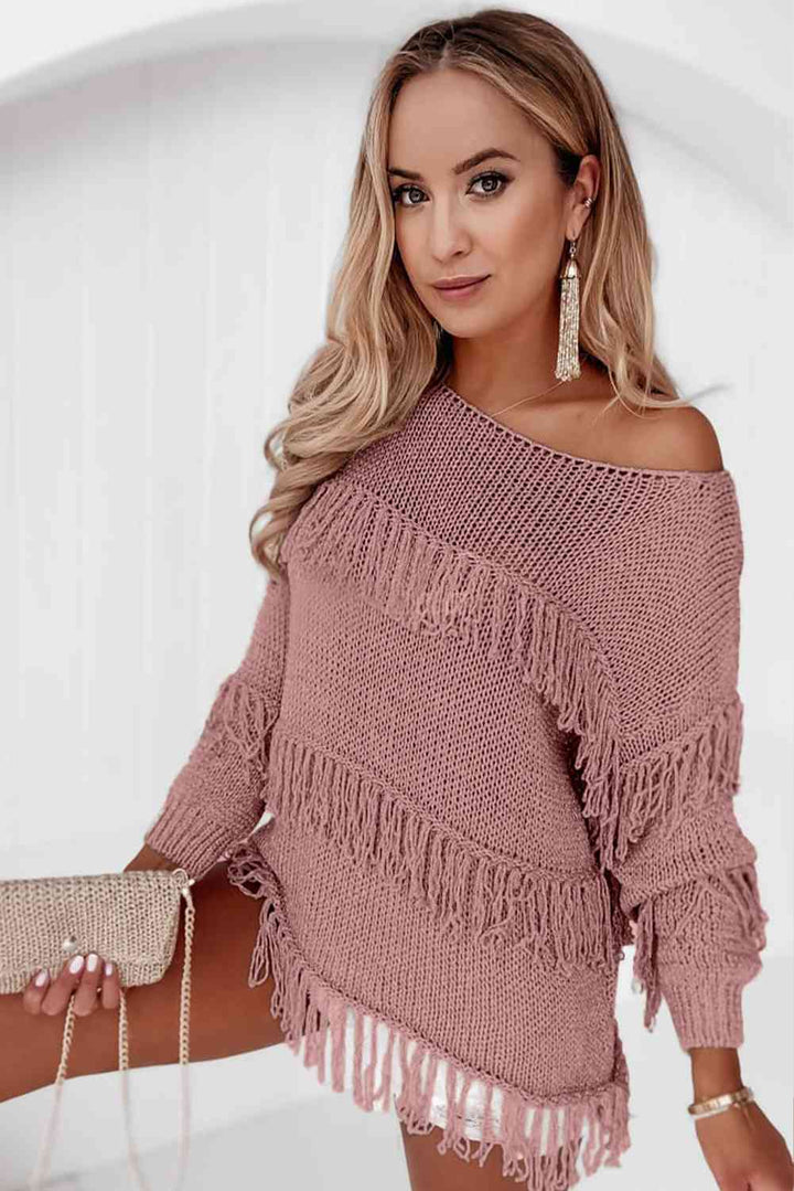 Fringe Detail Boat Neck Knit Sweater with Long Sleeves