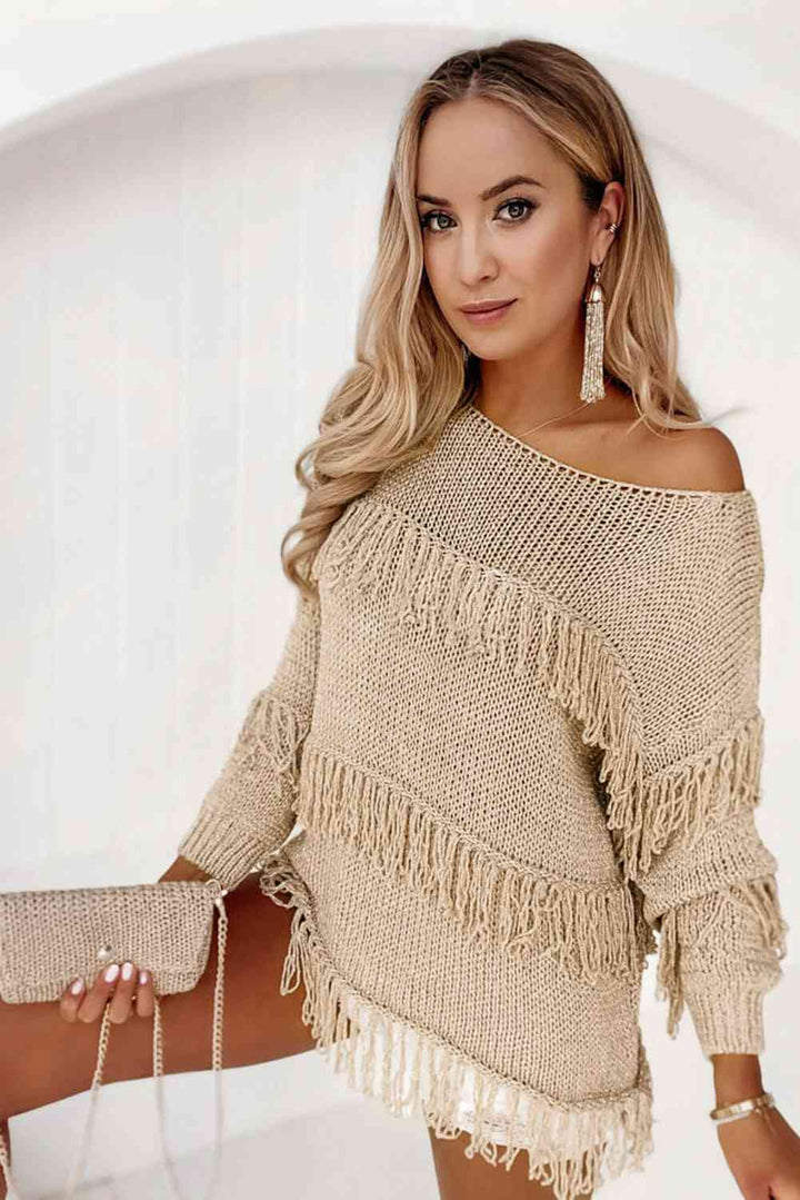 Fringe Detail Boat Neck Knit Sweater with Long Sleeves