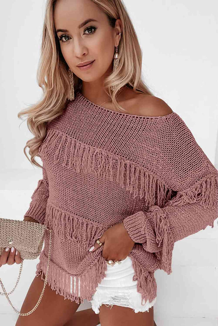 Fringe Detail Boat Neck Knit Sweater with Long Sleeves