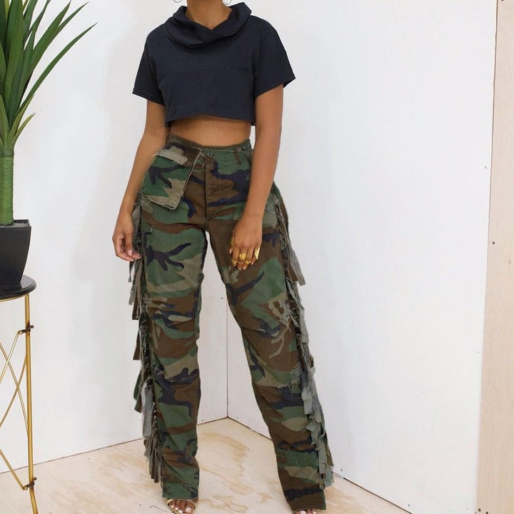 Tassel-Decorated High-Waisted Green Camo Cargo Pants