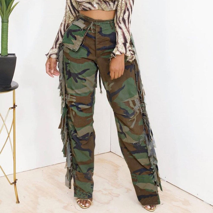 Tassel-Decorated High-Waisted Green Camo Cargo Pants