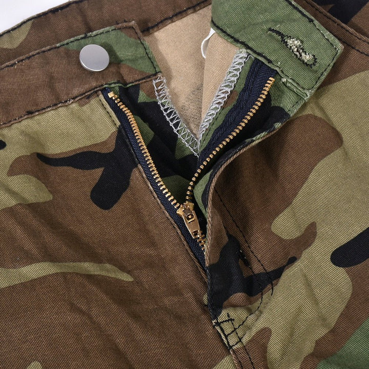 Tassel-Decorated High-Waisted Green Camo Cargo Pants