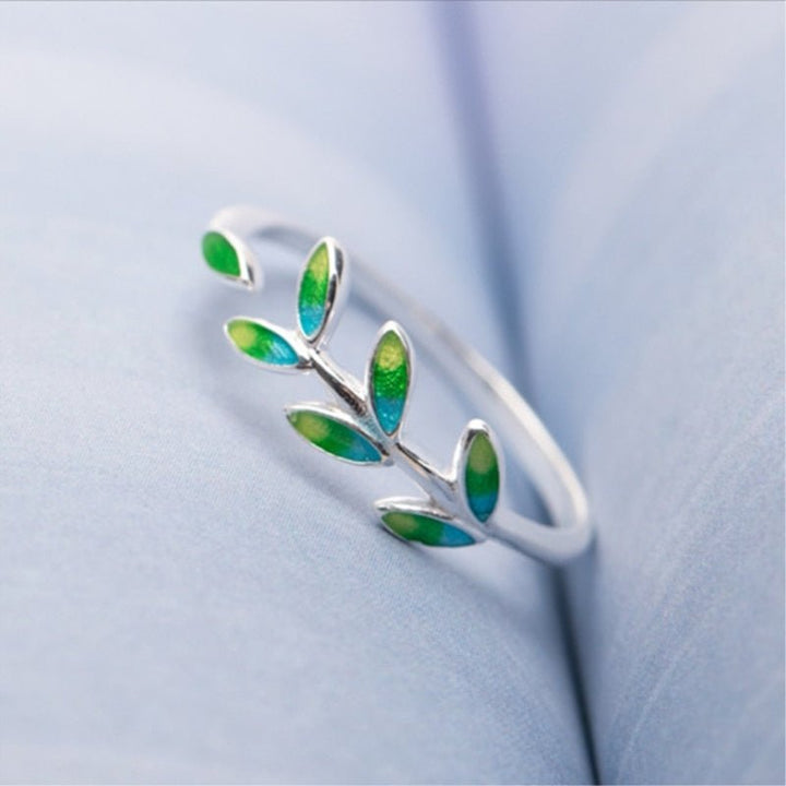 Green Leaf Handmade Creative 925 Sterling Silver Temperament Personality Fashion Female Trendy Resizable Opening Rings SRI028