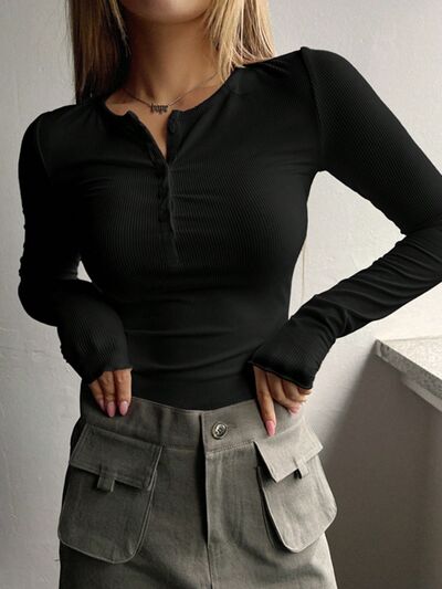 Chic Half Button Long Sleeve Casual Tee for Everyday Wear