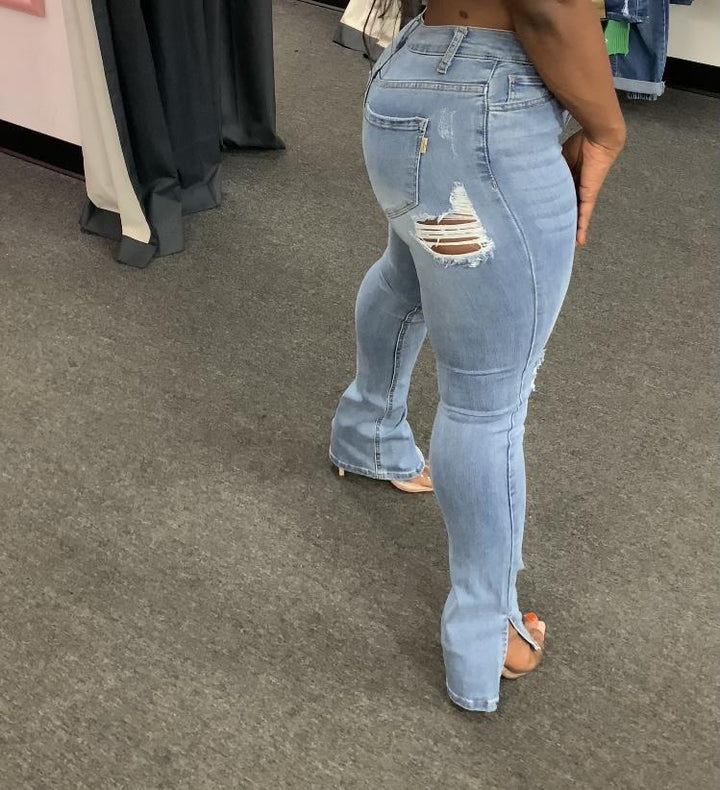 Light Blue High-Waisted Distressed Skinny Jeans for Women