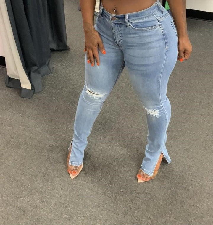 Light Blue High-Waisted Distressed Skinny Jeans for Women