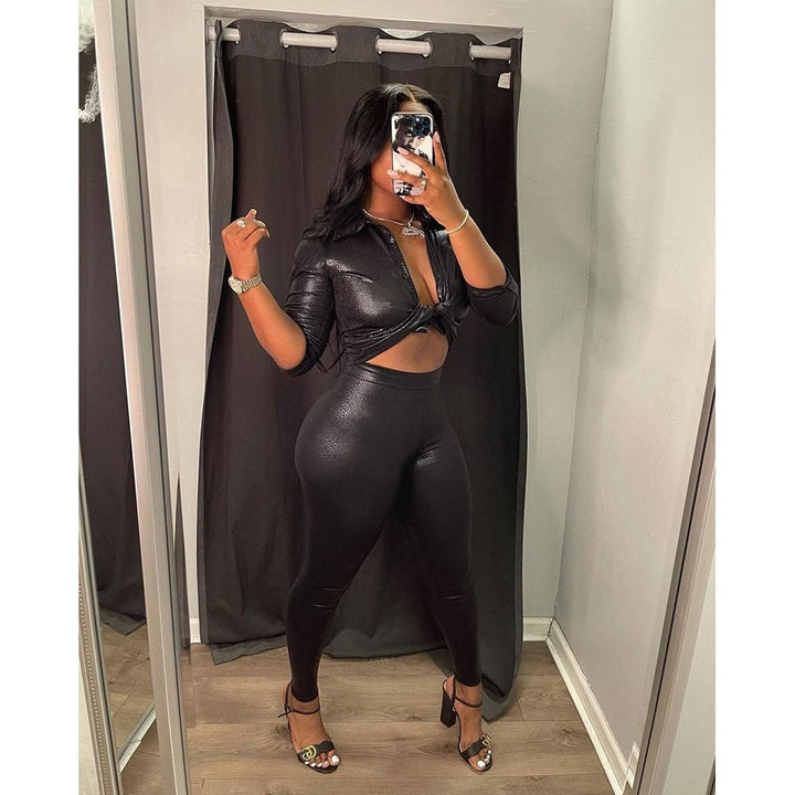 Stylish Autumn Long Sleeve Shirt and Snake Skin Pants Set