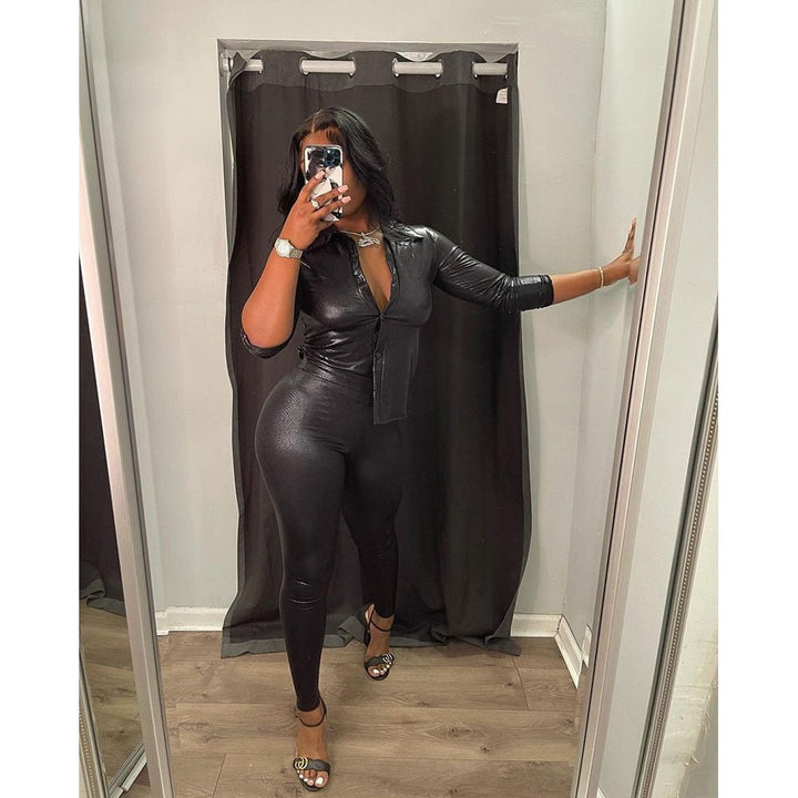 Stylish Autumn Long Sleeve Shirt and Snake Skin Pants Set