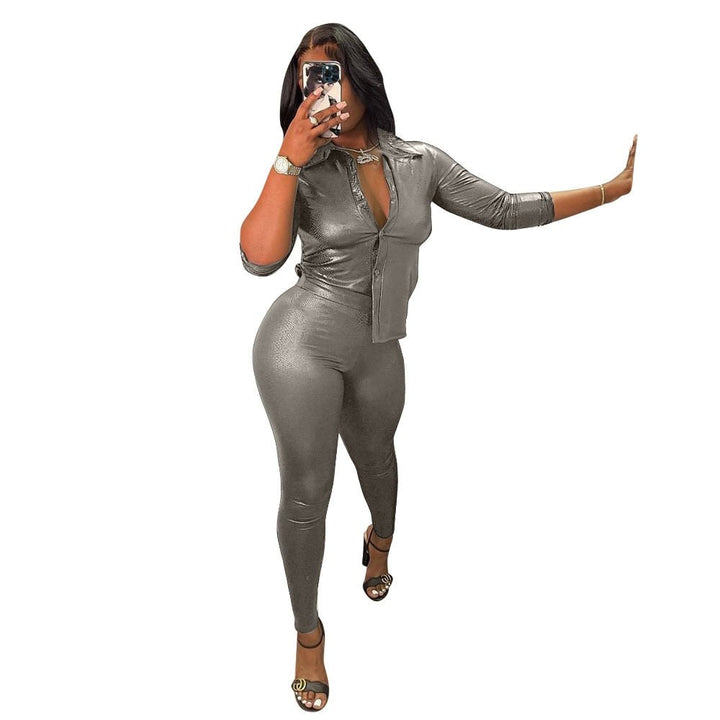 Stylish Autumn Long Sleeve Shirt and Snake Skin Pants Set