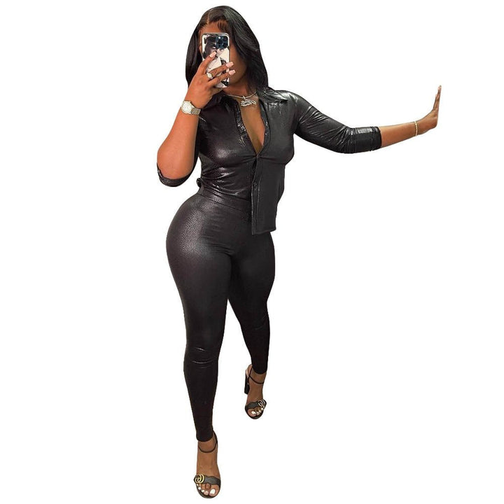 Stylish Autumn Long Sleeve Shirt and Snake Skin Pants Set