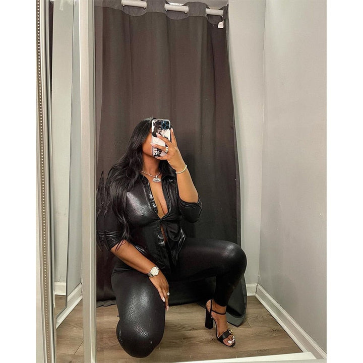 Stylish Autumn Long Sleeve Shirt and Snake Skin Pants Set