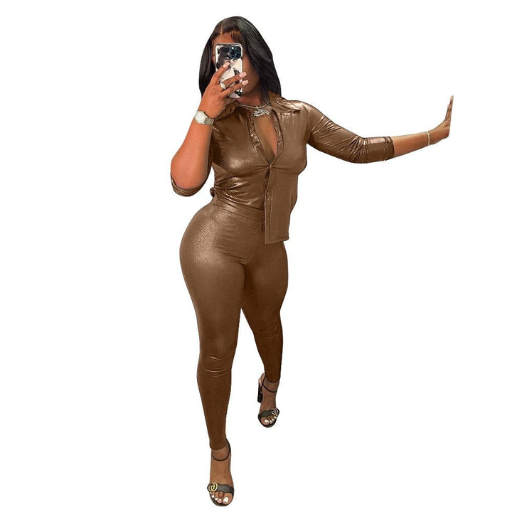 Stylish Autumn Long Sleeve Shirt and Snake Skin Pants Set